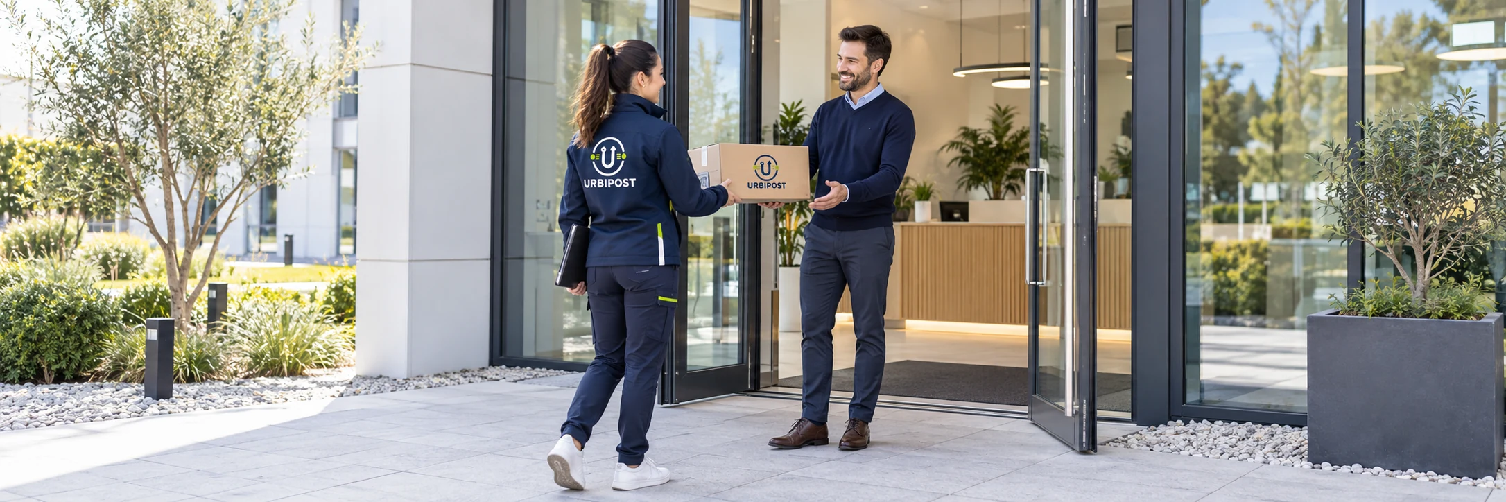 Une agente URBIPOST livre un colis à l’entrée d’un bureau